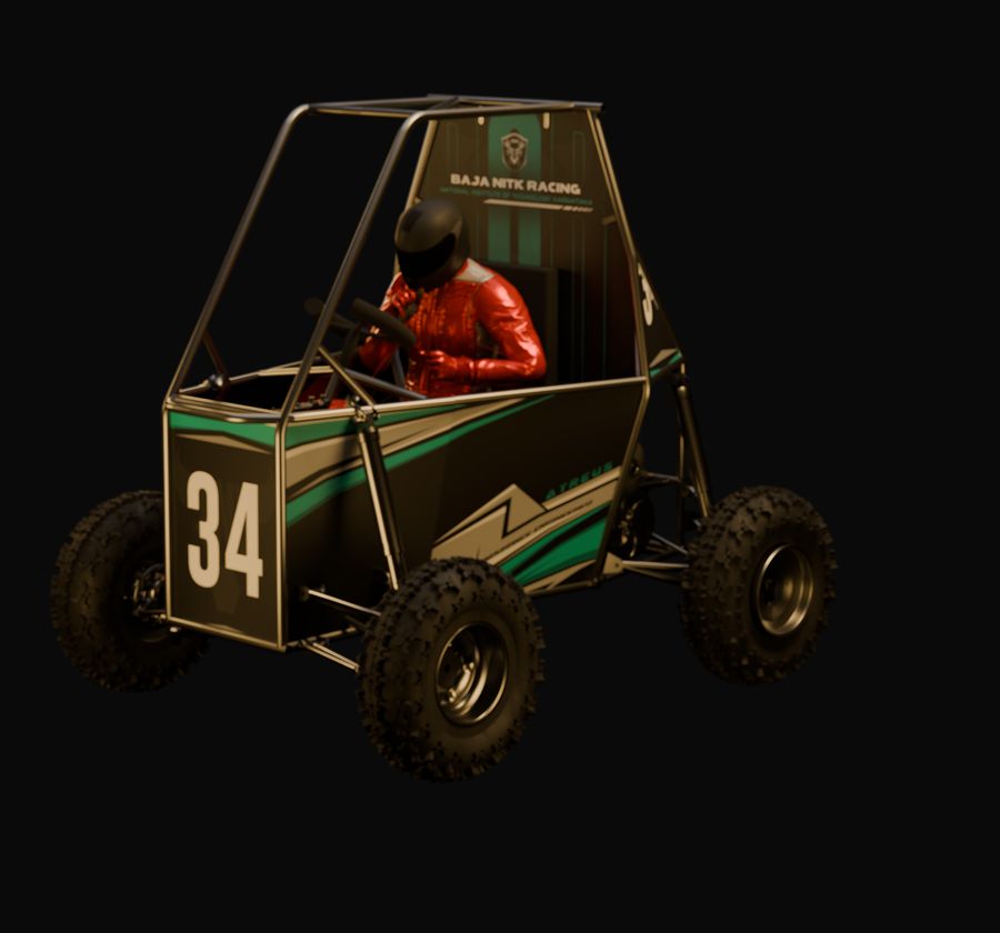 A 3D render of car number 34 with a driver in a red suit, lit against black